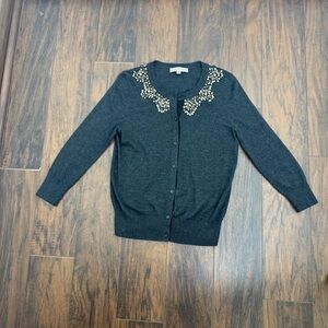 LOFT Charcoal Cardigan with Embellished Neckline